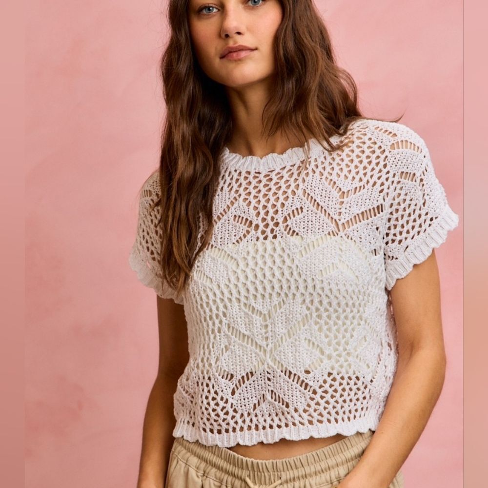 SO ME Crochet Scallop Edge Short Sleeves Open Knit White Top Sz M L XL - Picture 10 of 11